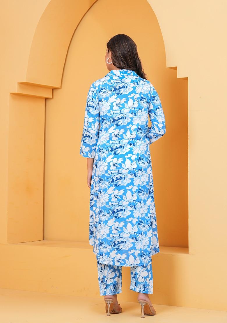 Blue Printed Rayon Kurti Set - Indya