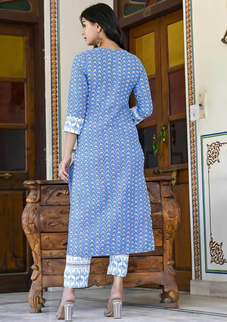 Blue Printed Rayon Kurti Set - Indya