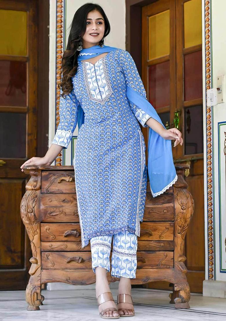 Blue Printed Rayon Kurti Set - Indya