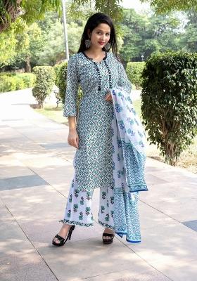Blue Printed Rayon Kurti Set