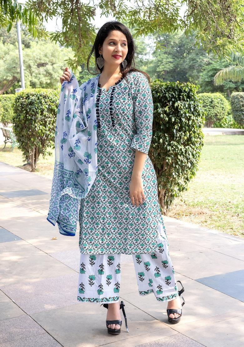 Blue Printed Rayon Kurti Set - Indya