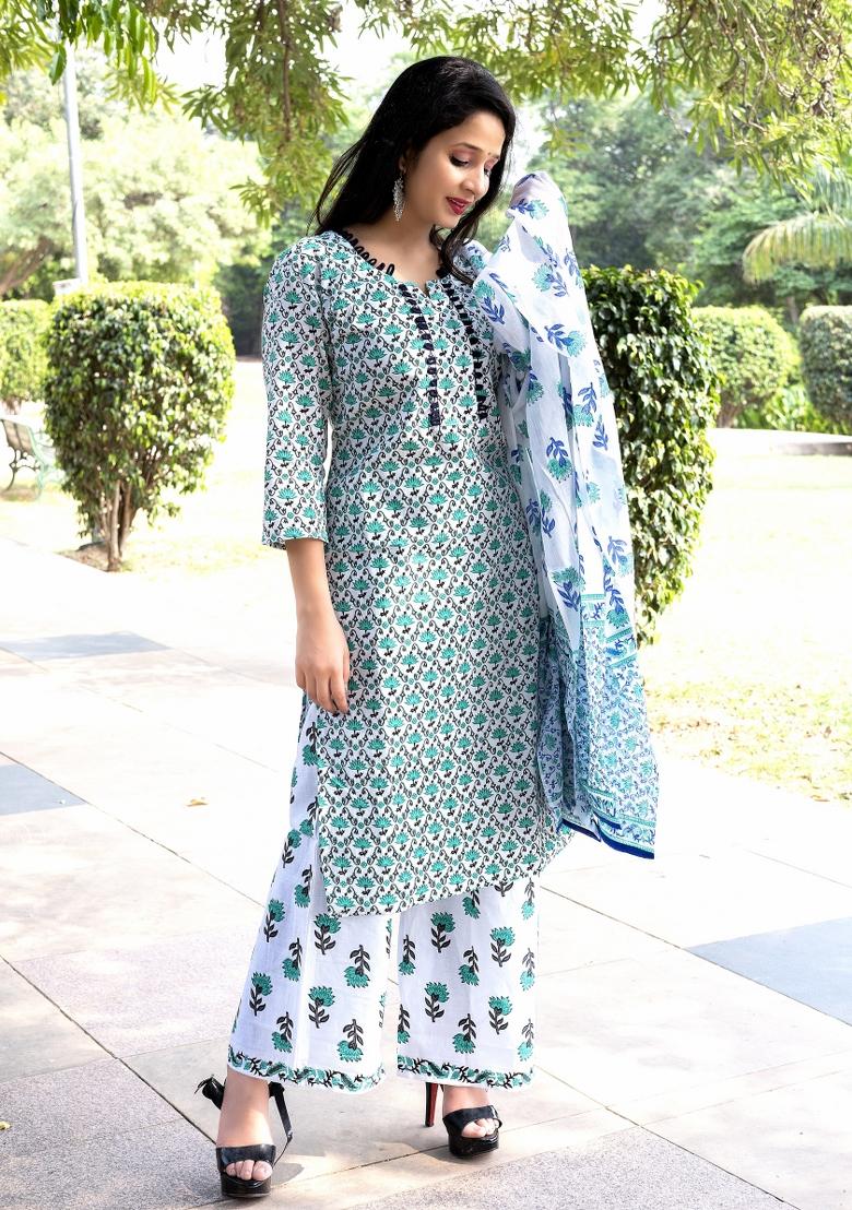 Blue Printed Rayon Kurti Set - Indya