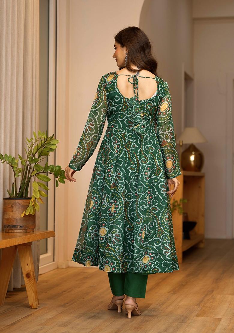 Green Printed Organza Kurta Set - Indya