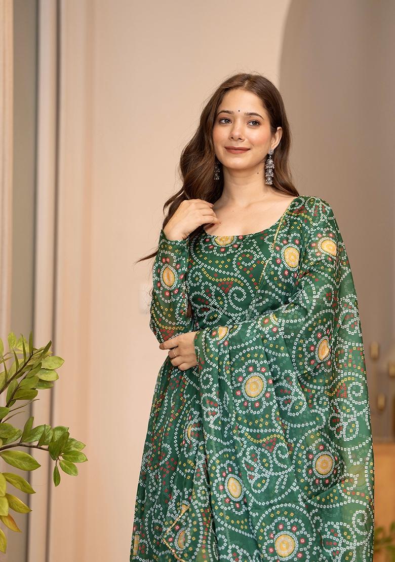 Green Printed Organza Kurta Set - Indya