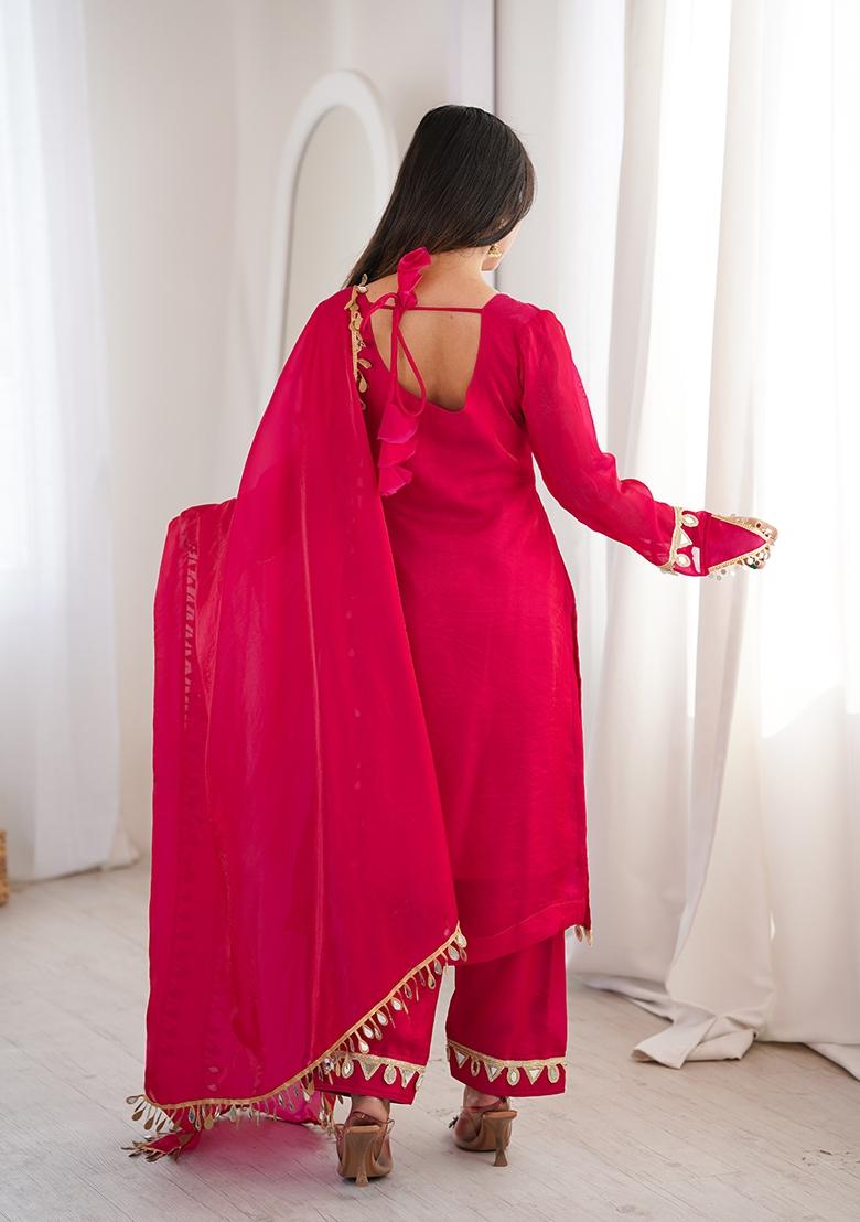 Pink Mirror Work Silk Blend Kurta Set - Indya