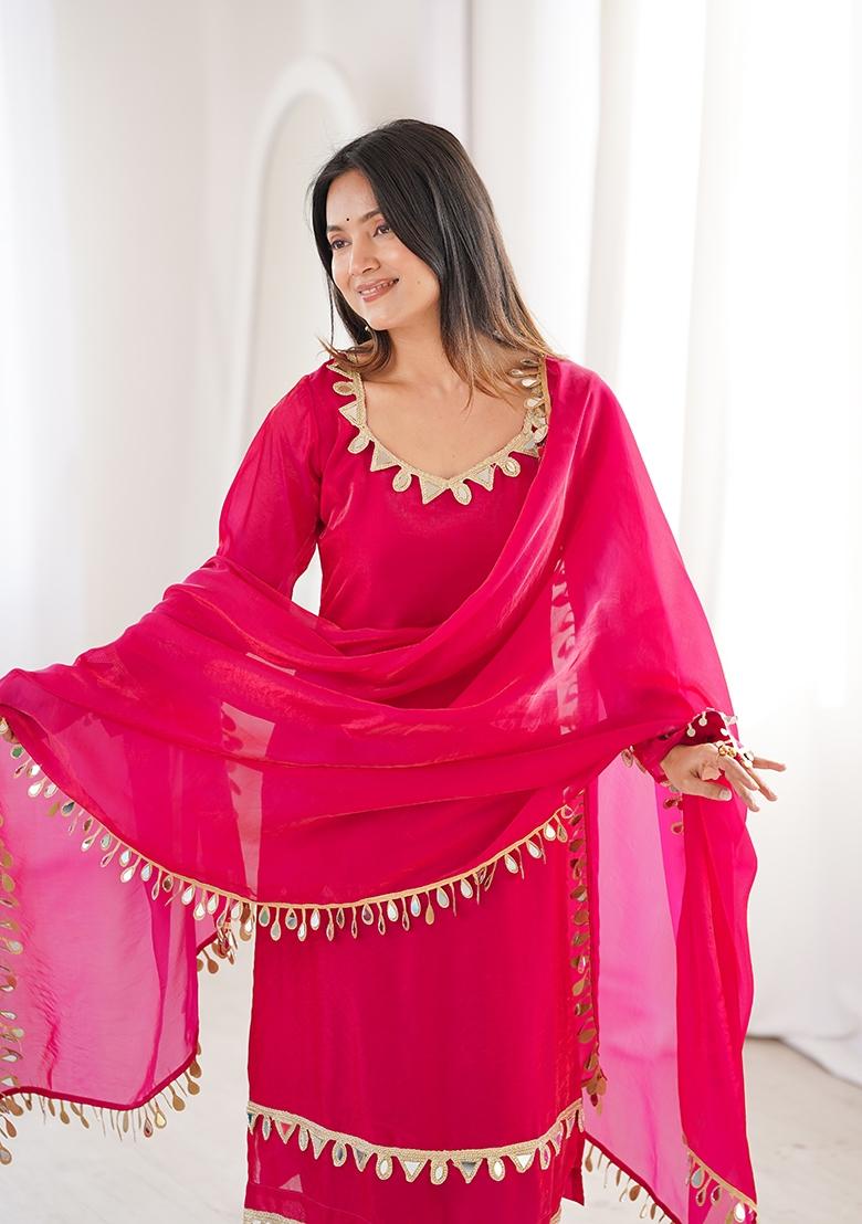 Pink Mirror Work Silk Blend Kurta Set - Indya