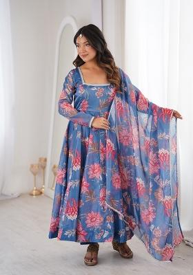 Blue Printed Organza Kurta Set