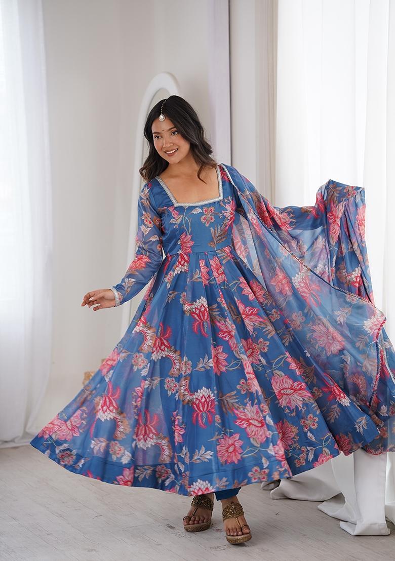 Blue Printed Organza Kurta Set - Indya