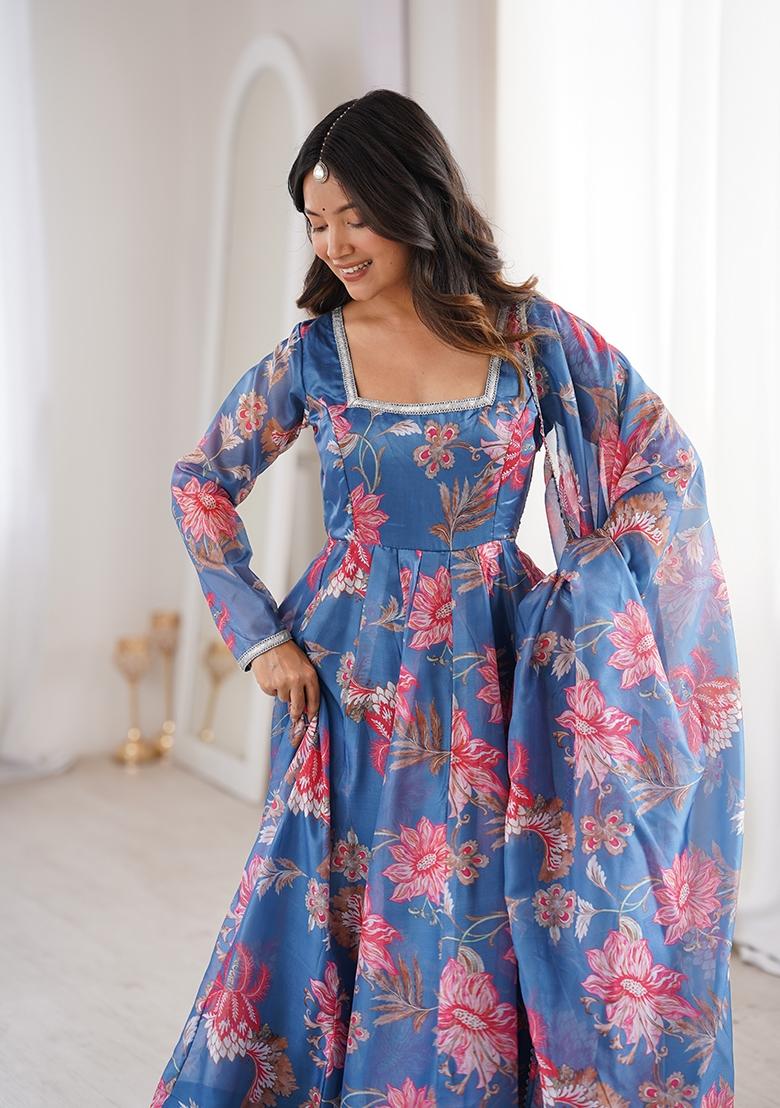 Blue Printed Organza Kurta Set - Indya