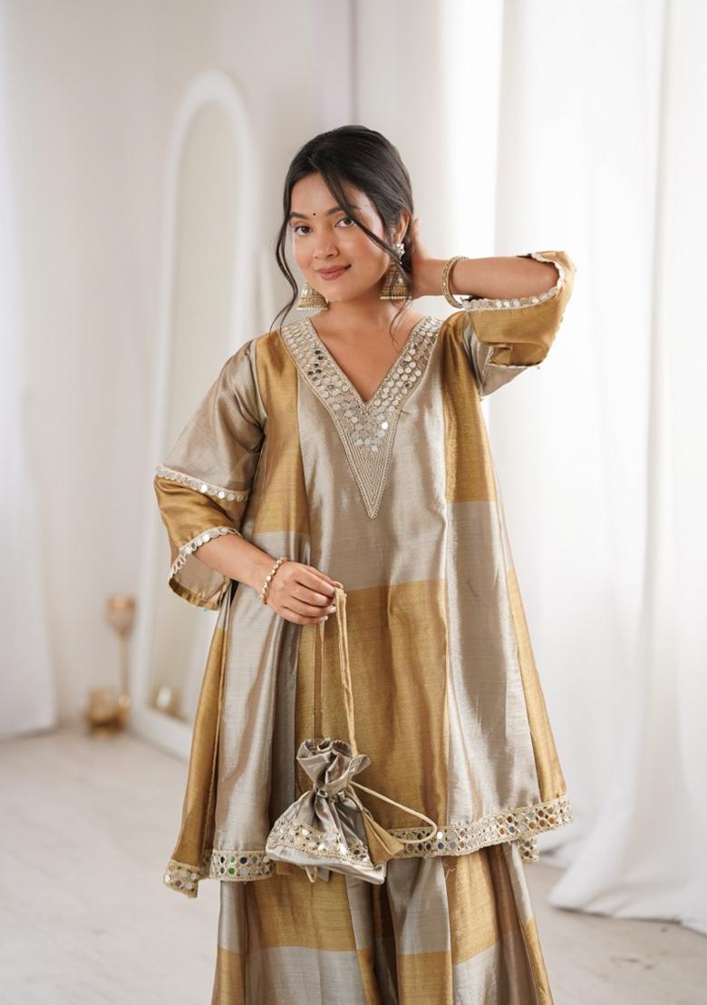 Brown Embroidered Tissue Anarkali Set - Indya