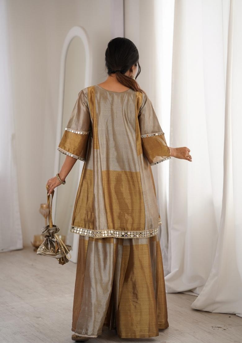 Brown Embroidered Tissue Anarkali Set - Indya