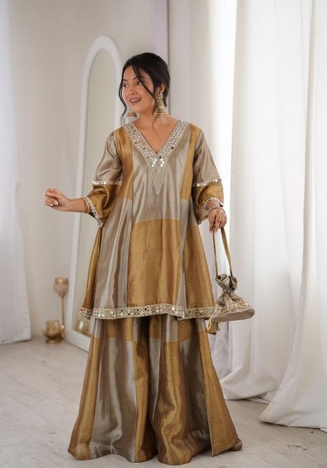 Brown Embroidered Tissue Anarkali Set