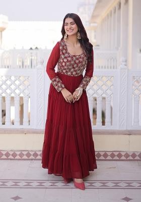 Maroon Embroidered Faux Blooming Anarkali