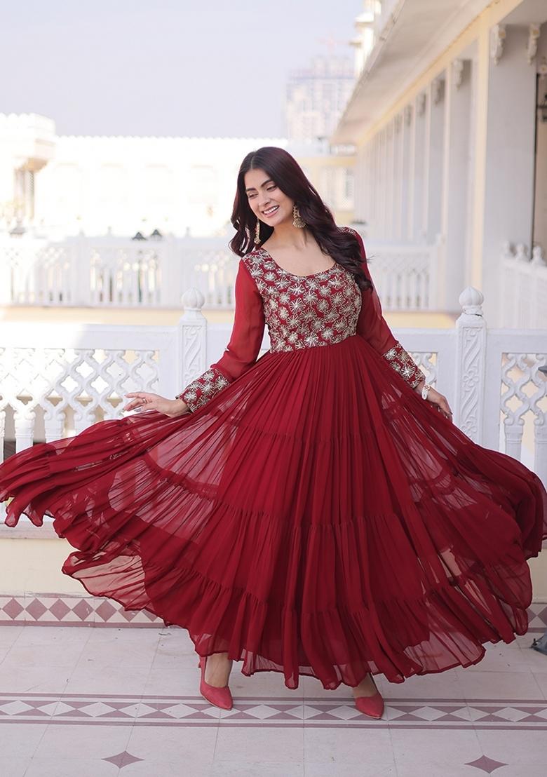 Maroon Embroidered Faux Blooming Anarkali - Indya