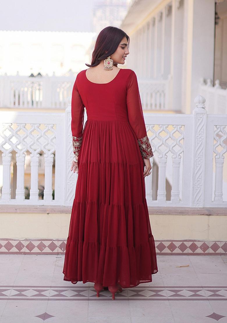 Maroon Embroidered Faux Blooming Anarkali - Indya