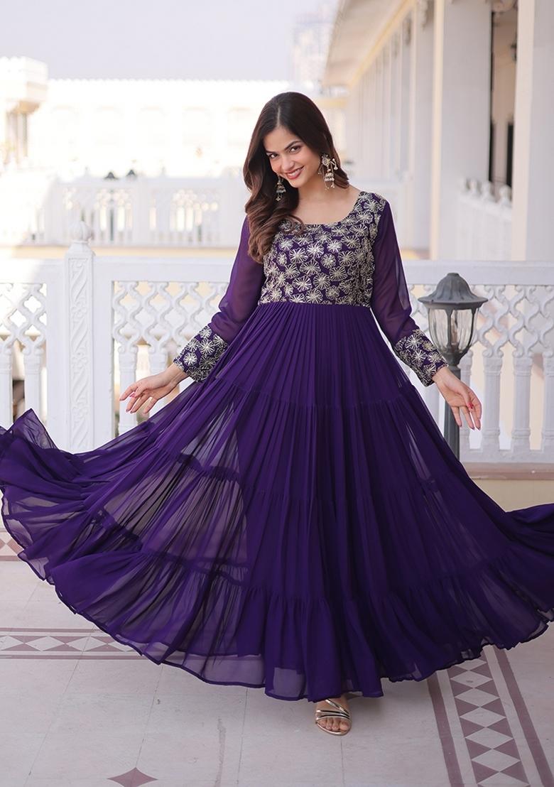 Purple Embroidered Faux Blooming Anarkali - Indya