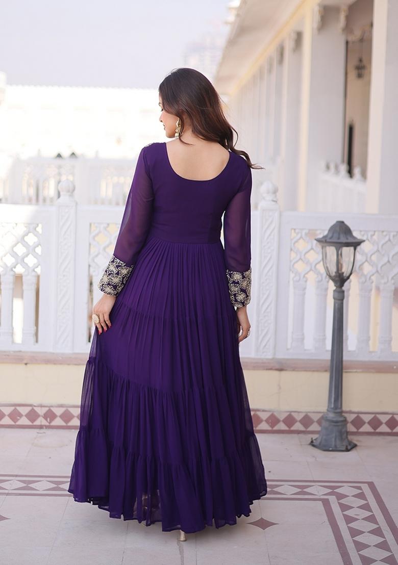 Purple Embroidered Faux Blooming Anarkali - Indya