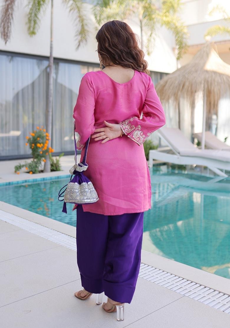 Pink Embroidered Viscose Anarkali Set - Indya