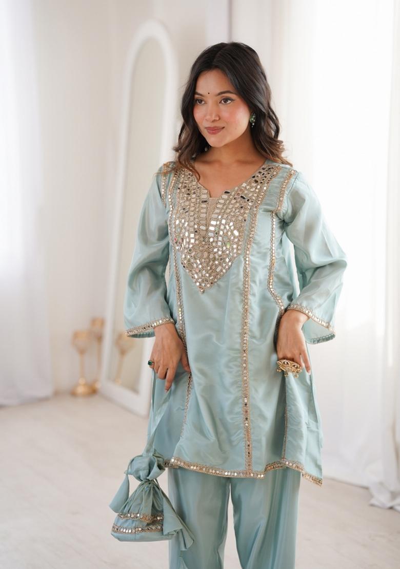 Sky Blue Embroidered H O Fabric Anarkali Set - Indya