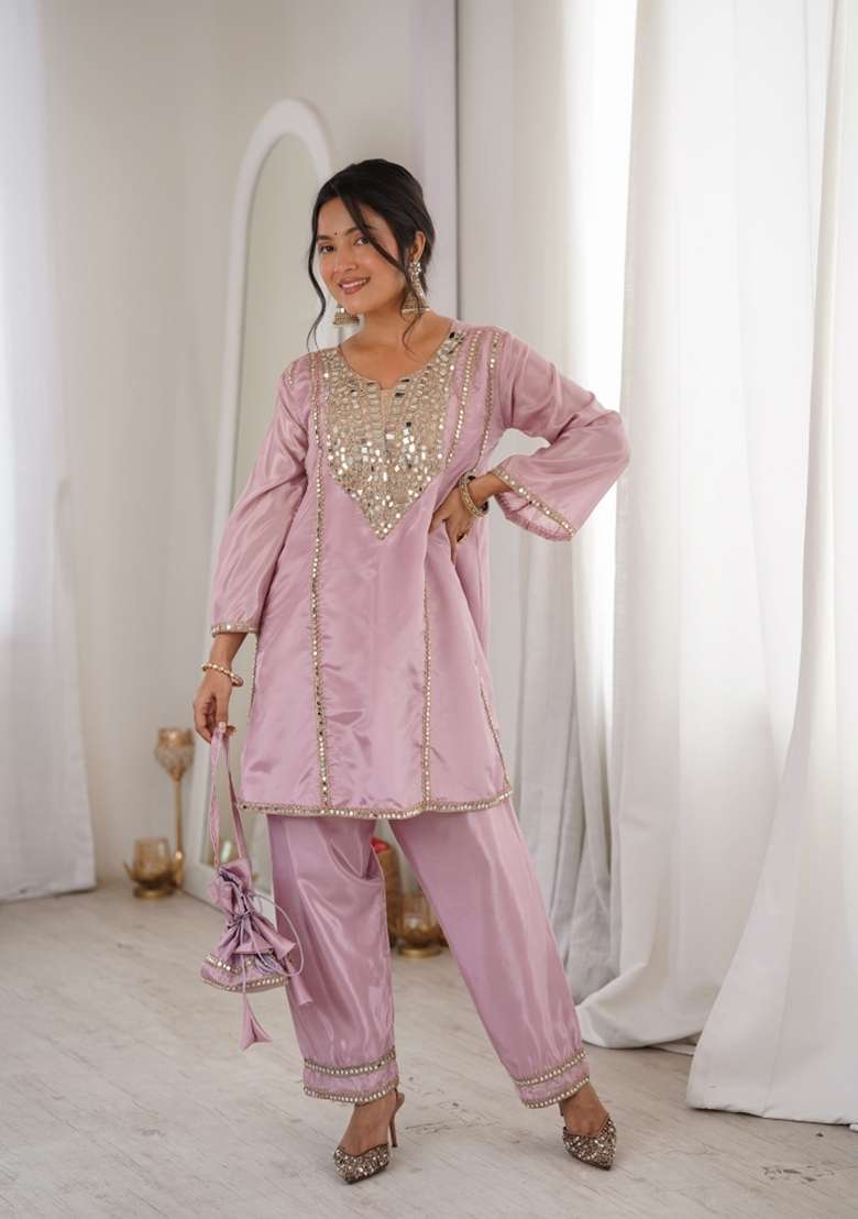 Pink Embroidered H O Fabric Anarkali Set - Indya