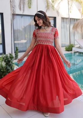 Orange Embroidered H O Fabric Anarkali
