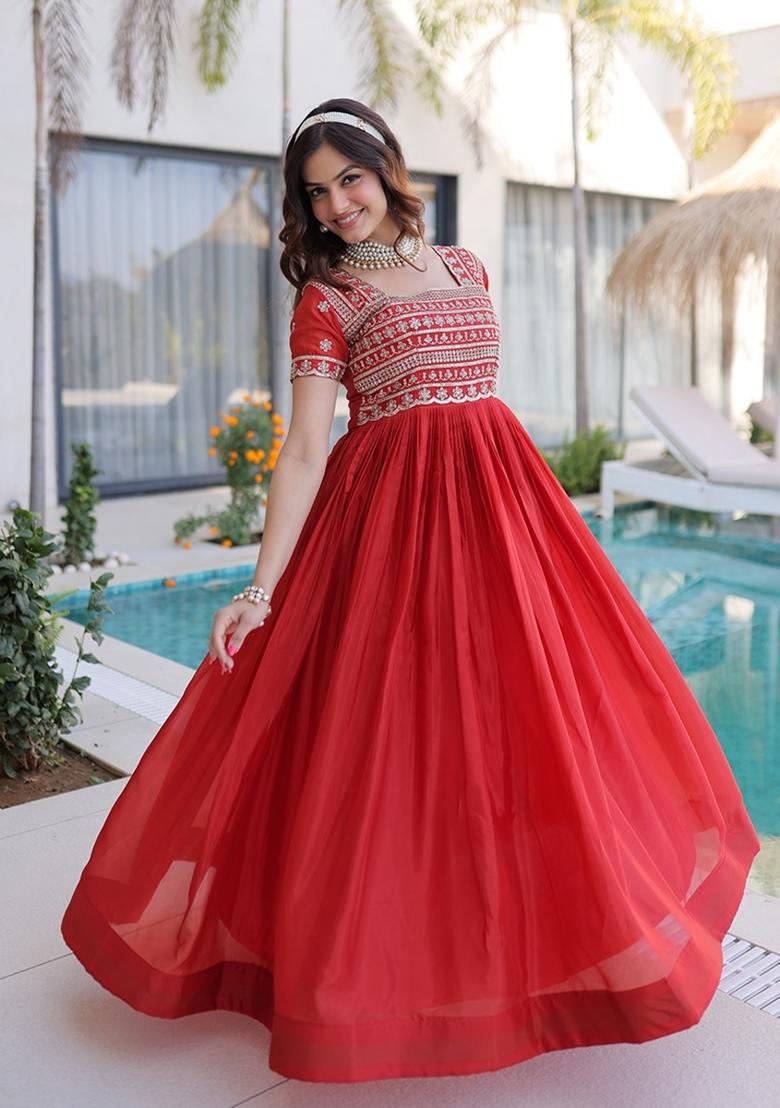 Orange Embroidered H O Fabric Anarkali - Indya