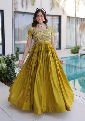 Mehendi Embroidered H O Fabric Anarkali