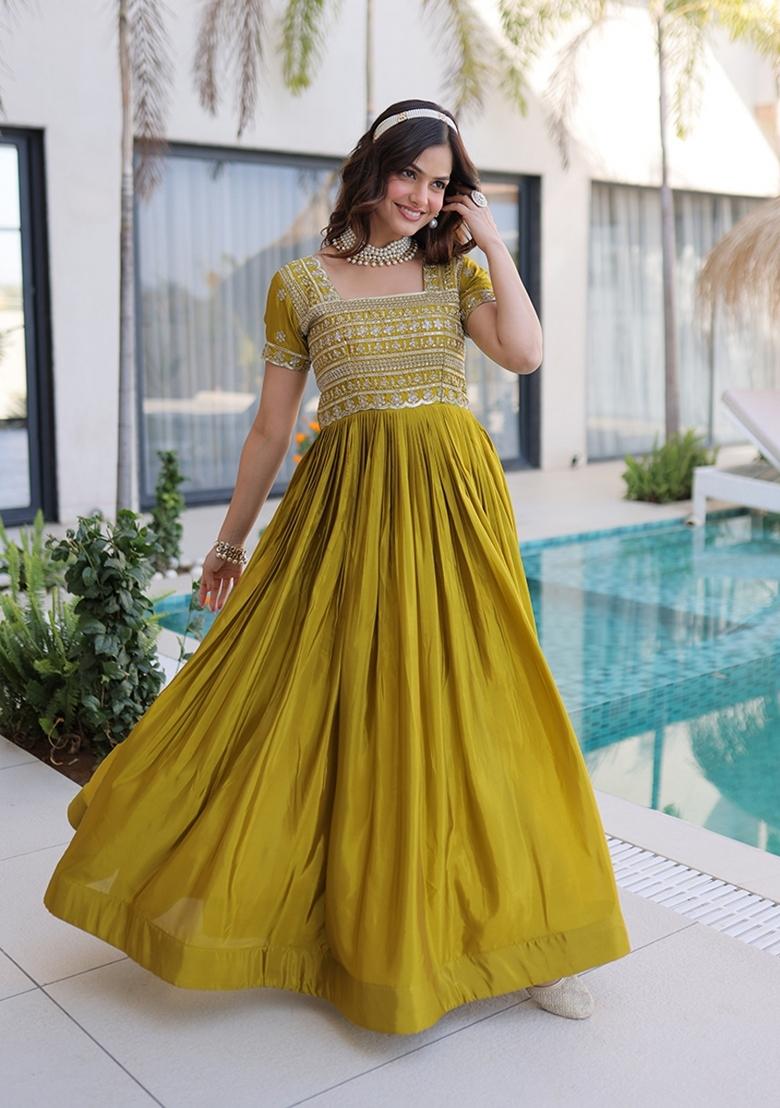 Mehendi Embroidered H O Fabric Anarkali - Indya