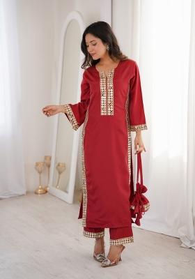 Maroon Mirror Work Crepe Anarkali Set