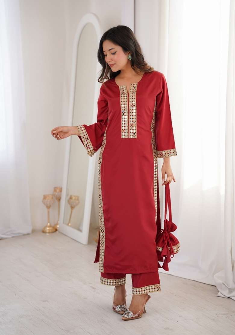 Maroon Mirror Work Crepe Anarkali Set - Indya