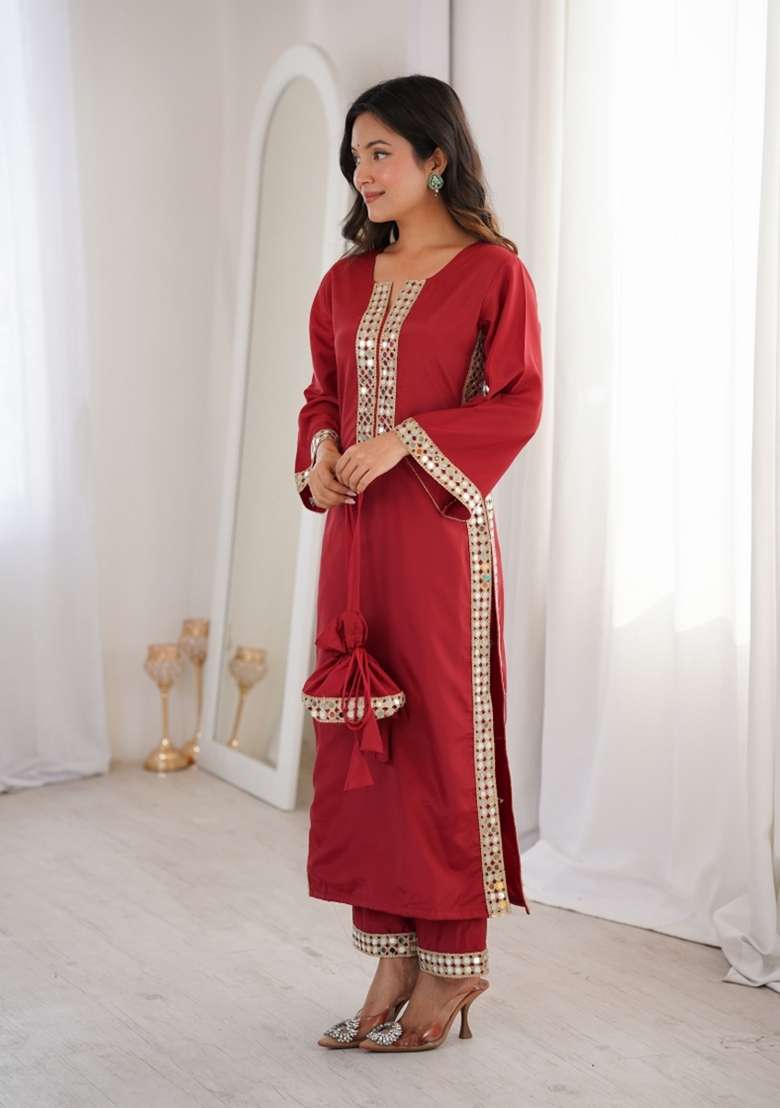 Maroon Mirror Work Crepe Anarkali Set - Indya