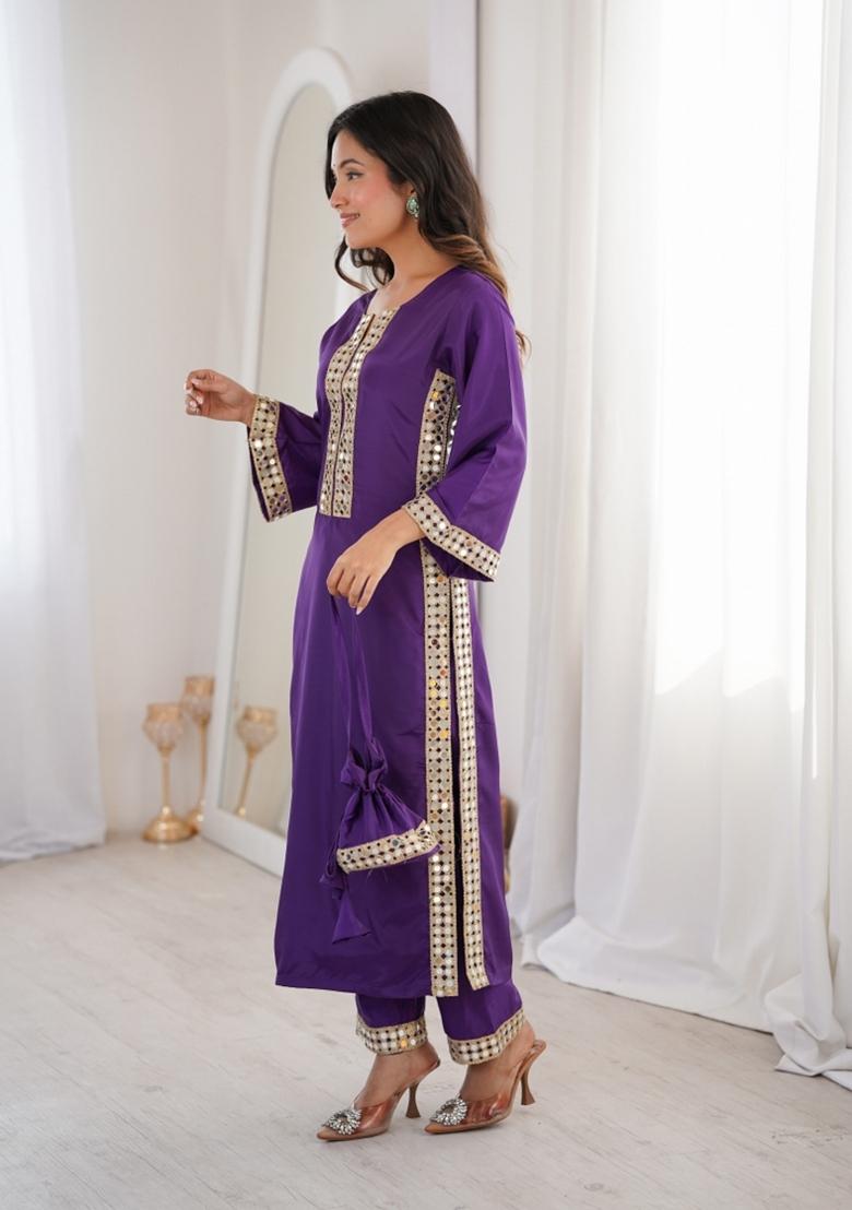 Purple Mirror Work Crepe Anarkali Set - Indya