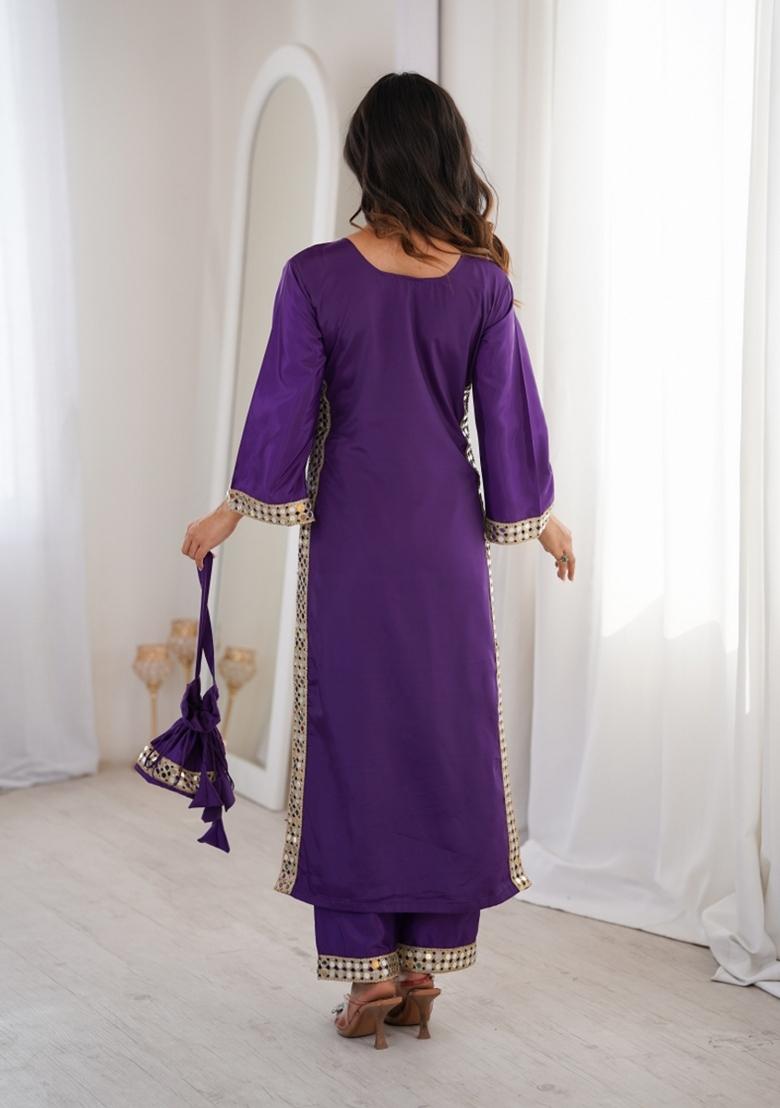 Purple Mirror Work Crepe Anarkali Set - Indya