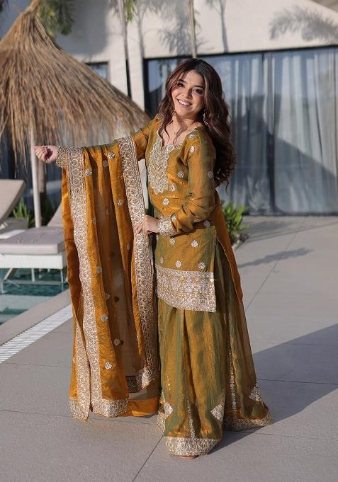 Brown Embroidered Fendi Anarkali Set
