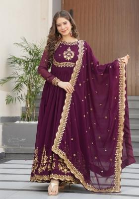 Wine Embroidered Georgette Anarkali Set