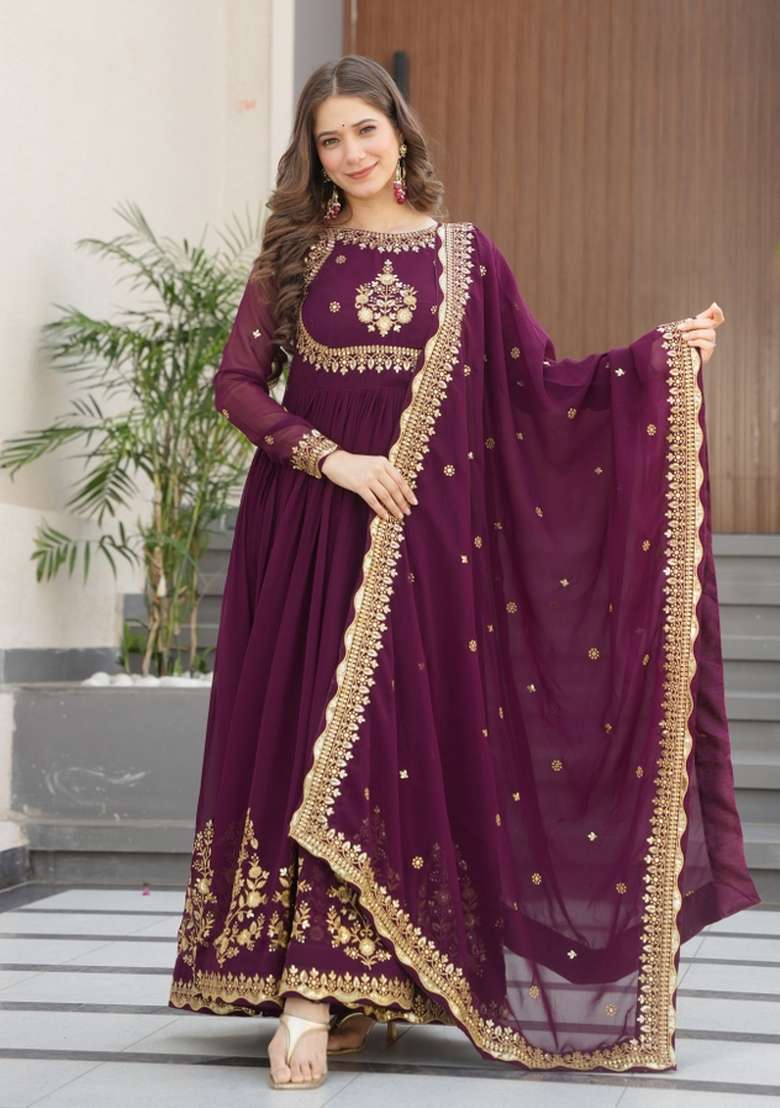 Wine Embroidered Georgette Anarkali Set - Indya