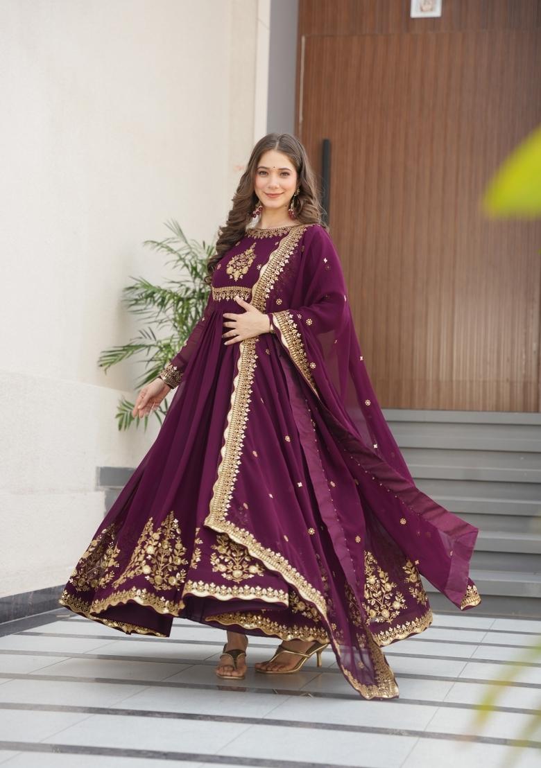 Wine Embroidered Georgette Anarkali Set - Indya