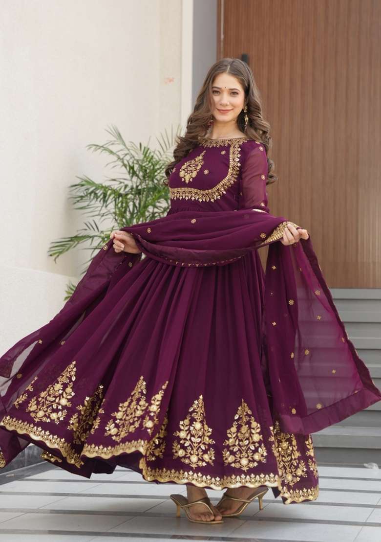 Wine Embroidered Georgette Anarkali Set - Indya