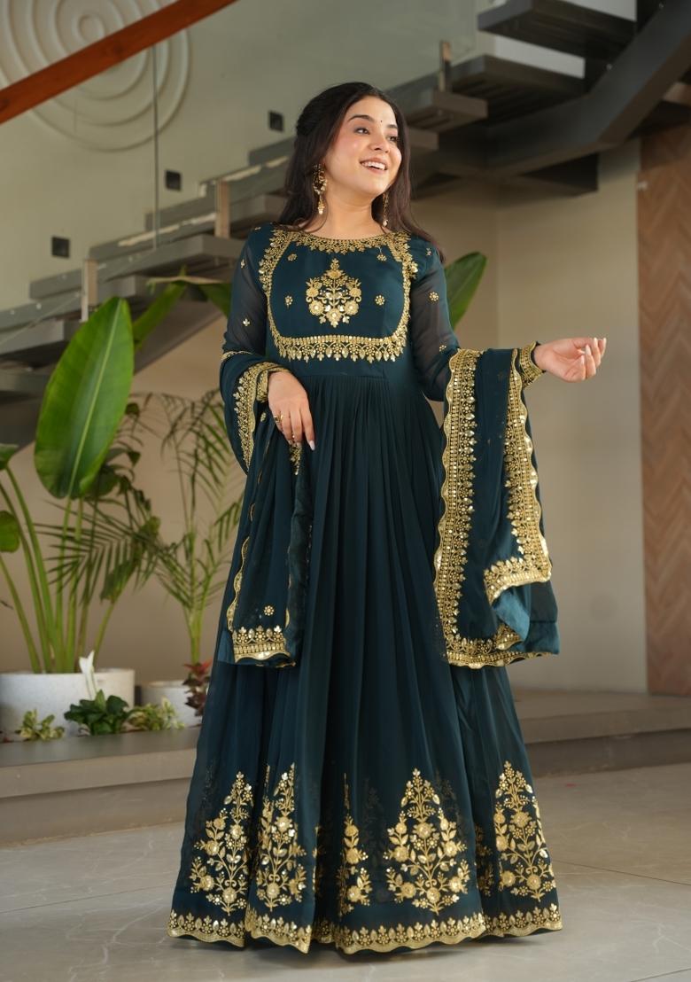 Rama Embroidered Georgette Anarkali Set - Indya