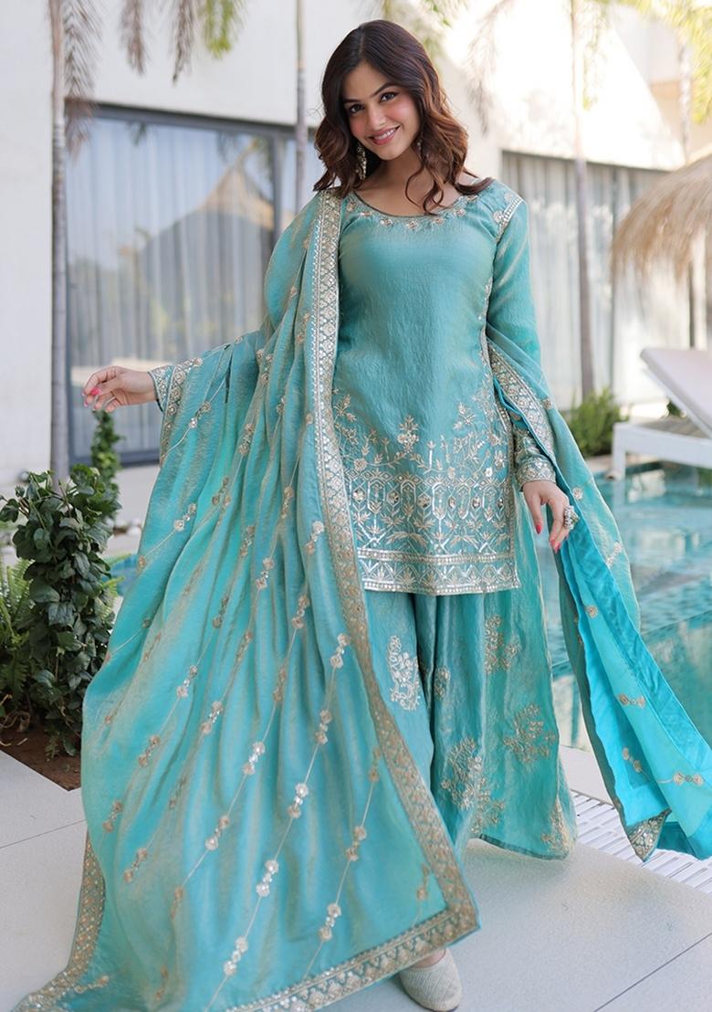 Sky Blue Embroidered Fendi Anarkali Set - Indya