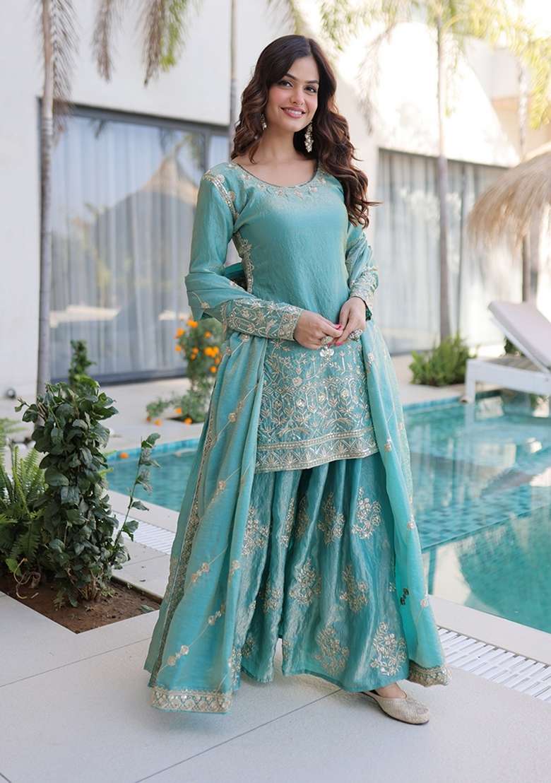 Sky Blue Embroidered Fendi Anarkali Set - Indya