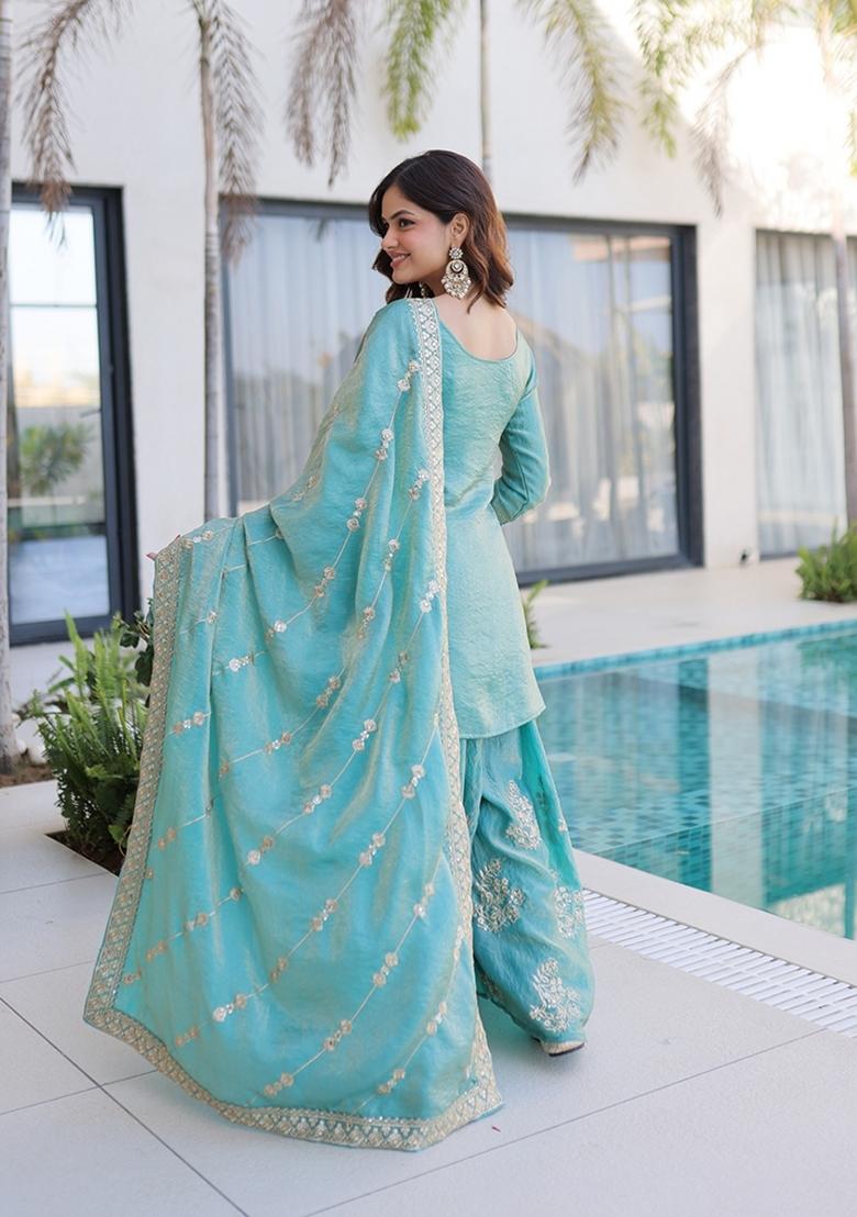 Sky Blue Embroidered Fendi Anarkali Set - Indya