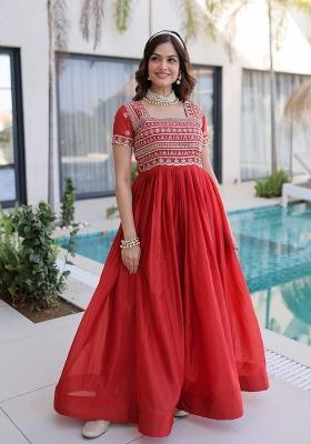Orange Embroidered H O Fabric Anarkali