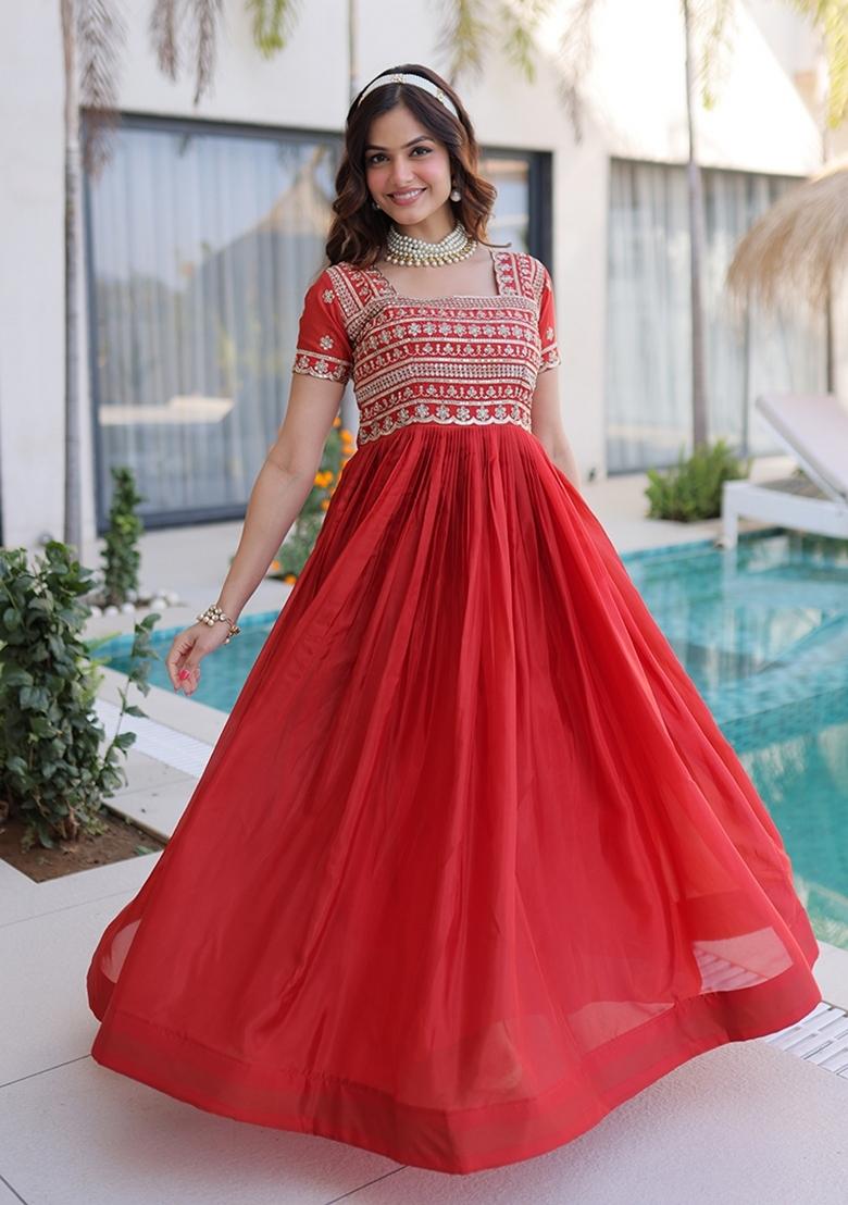 Orange Embroidered H O Fabric Anarkali - Indya
