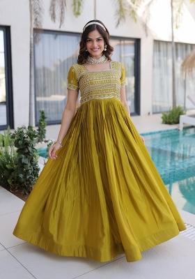 Mehendi Embroidered H O Fabric Anarkali