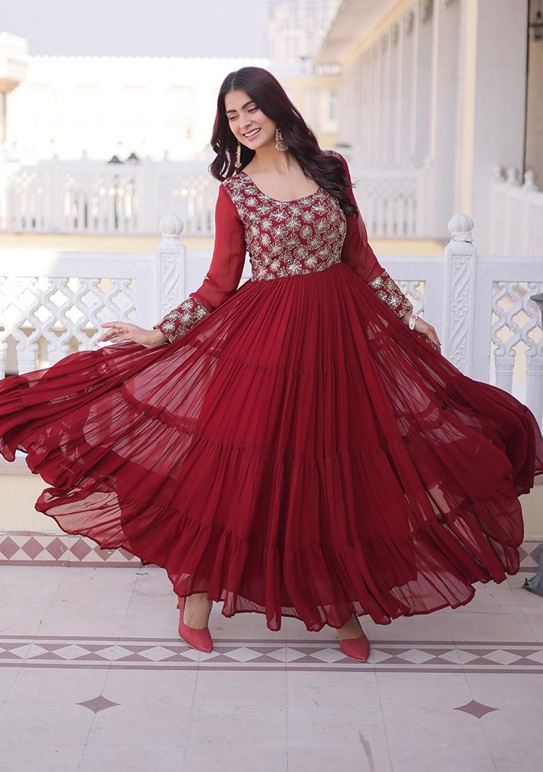 Maroon Embroidered Faux Blooming Anarkali - Indya