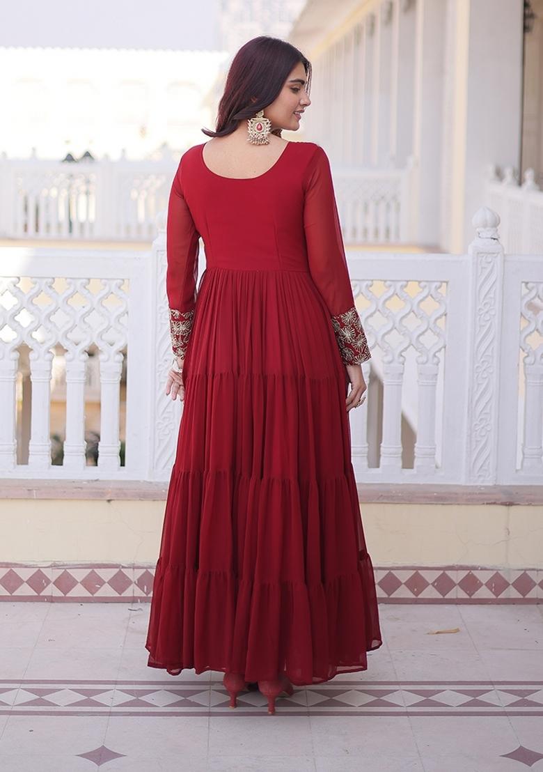 Maroon Embroidered Faux Blooming Anarkali - Indya