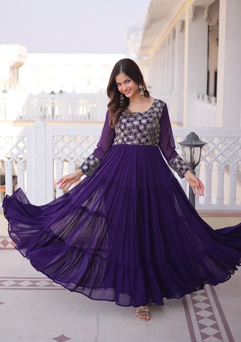 Purple Embroidered Faux Blooming Anarkali - Indya
