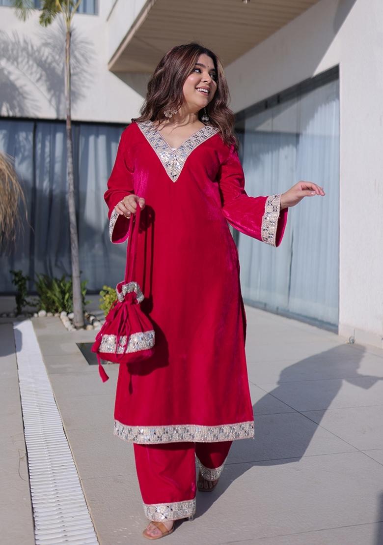 Pink Embroidered Velvet Anarkali Set - Indya