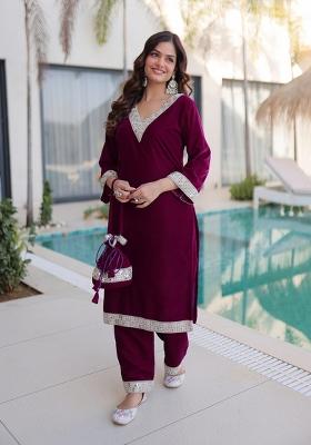 Pink Embroidered Velvet Anarkali Set